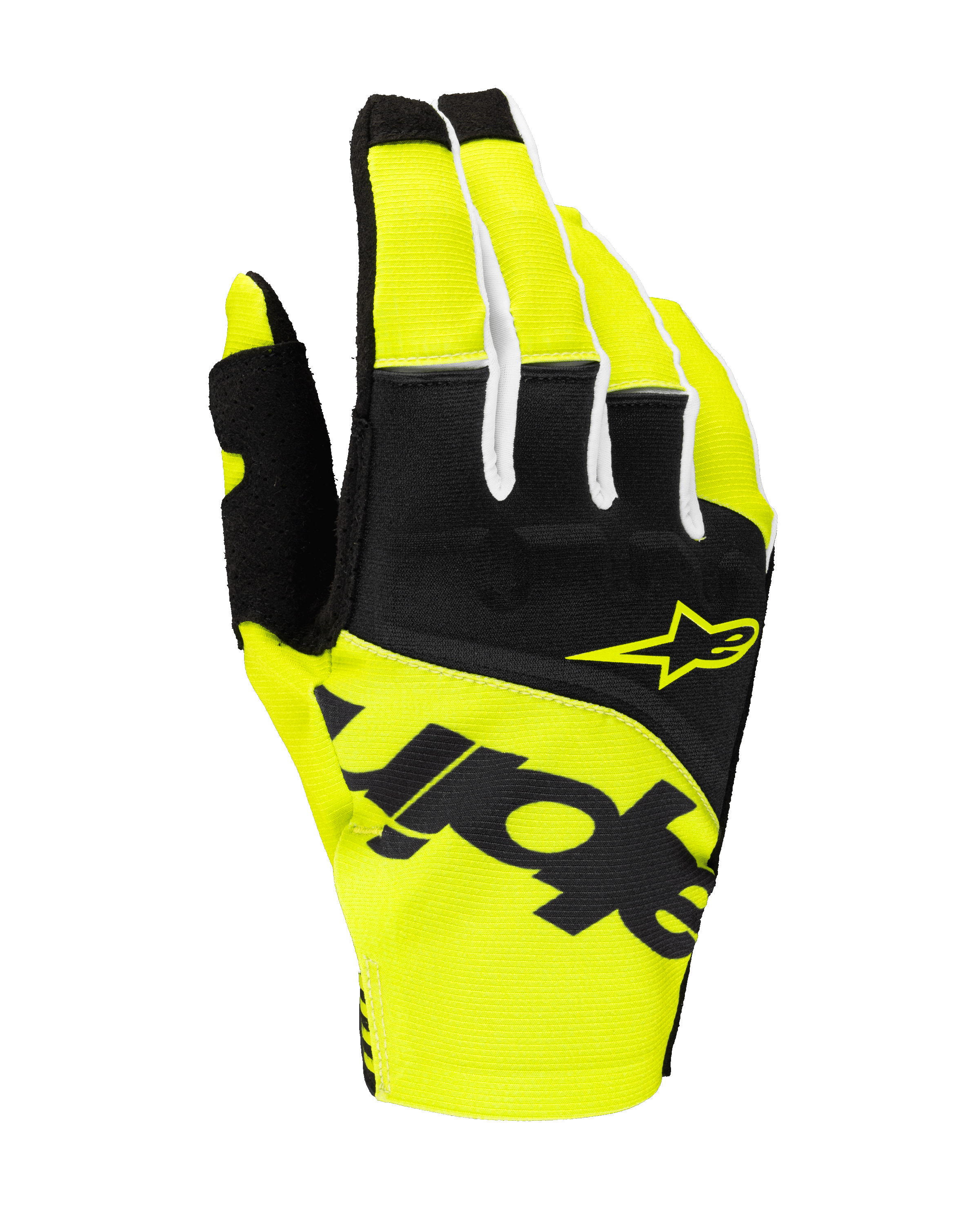 Luvas Alpinestars Techstar 2025, luvas de motocross, preto e amarelo fluorescente, com logótipo de estrela amarelo e marca preta em destaque, construção têxtil com micro ripstop para desempenho em todo-o-terreno