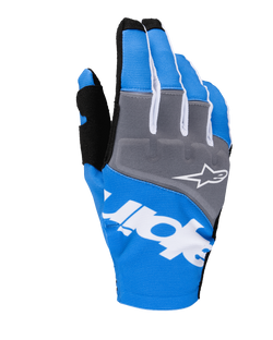 Alpinestars 2025 Techstar Gloves, Motocross Racing Gloves, Blue and Gray with White and Black accents, featuring a white star logo on the knuckle panel, bold white branding across the backhand, and ribbed textile construction for off-road racing.