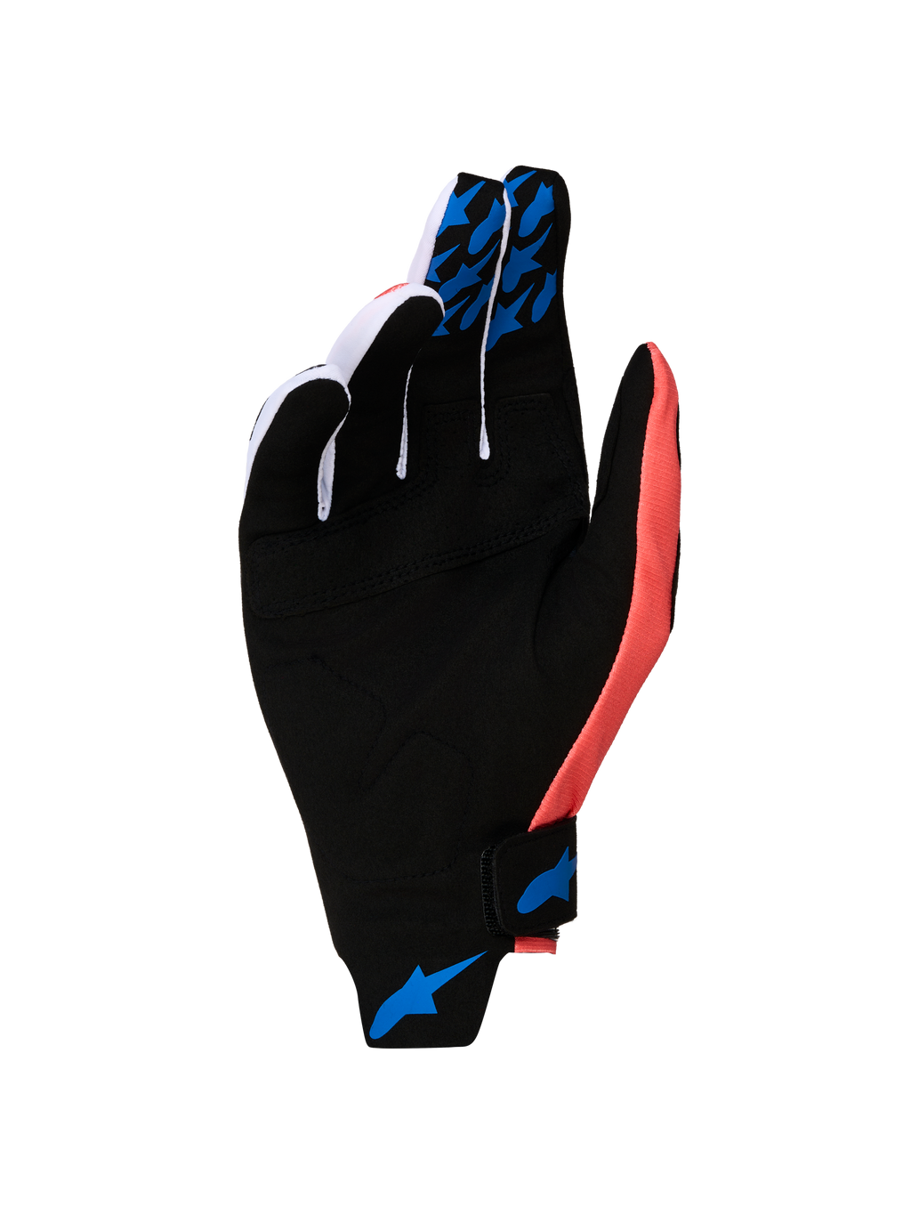 Luvas Techstar 2027 da Alpinestars, luvas de moto para motocross, pretas e rosa, palma em camurça sintética e detalhes em azul.