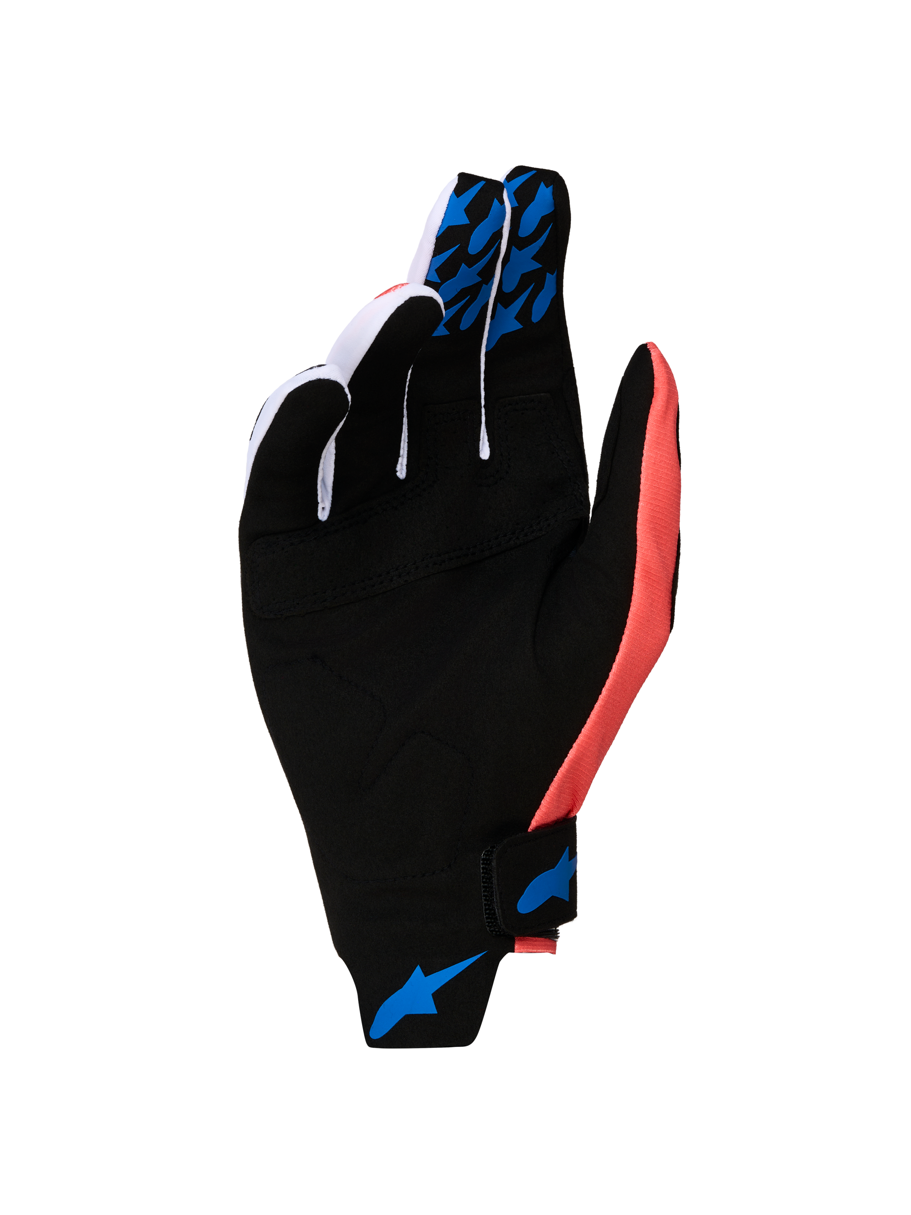 Luvas Techstar 2027 da Alpinestars, luvas de moto para motocross, pretas e rosa, palma em camurça sintética e detalhes em azul.
