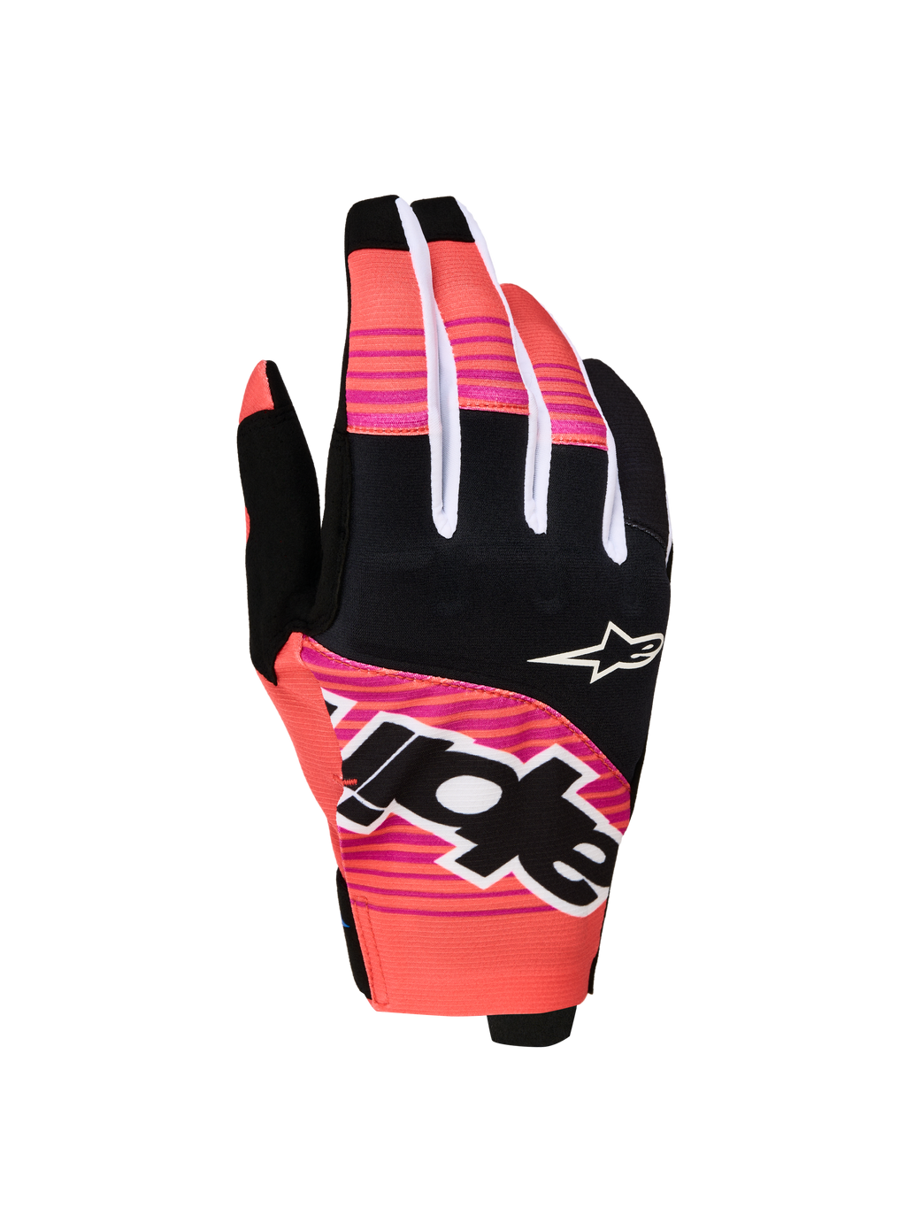Alpinestars Luvas Techstar 2027, luvas de motocross, rosa e pretas, com gráficos sublimados e proteção em neoprene.