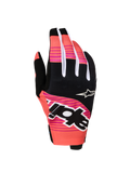 Alpinestars Luvas Techstar 2027, luvas de motocross, rosa e pretas, com gráficos sublimados e proteção em neoprene.