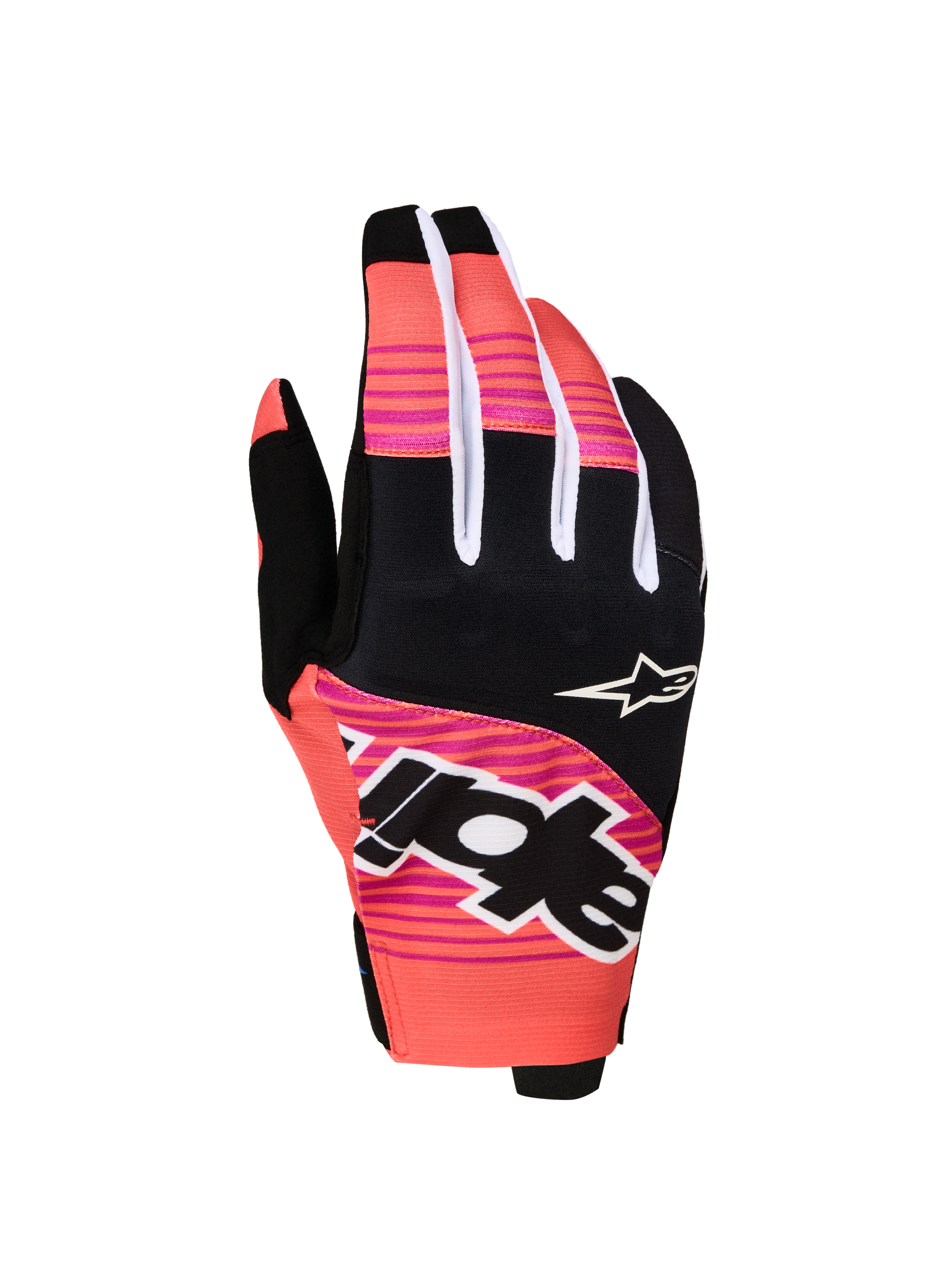 Alpinestars Techstar Gloves 2027, pink and black motocross racing gloves with sublimated graphics and neoprene knuckles.
