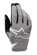 Alpinestars 2025 Radar Pro Gloves, Motocross Gloves, Gray with Black and White accents, featuring breathable 4-way stretch mesh backhand, white star logo, black diagonal striped design, minimalist performance racing style