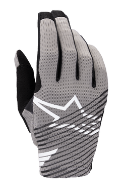 Alpinestars 2025 Radar Pro Gloves, luvas de motocross, cinzentas com detalhes pretos e brancos, com dorso em malha elástica de 4 vias respirável, logótipo de estrela branco, design de riscas diagonais pretas, estilo de corrida de performance minimalista