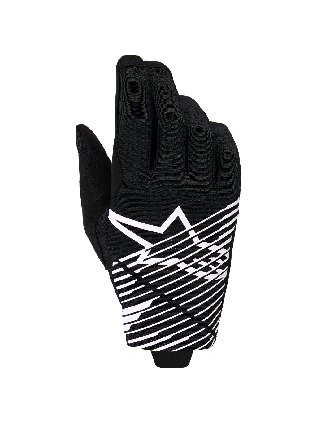 Alpinestars 2026 Radar Pro Gloves, luvas de motocross, pretas e brancas, com logótipo de estrela branco e gráfico de linhas diagonais nas costas da mão, material de malha respirável com detalhes perfurados, estilo performance para todo-o-terreno