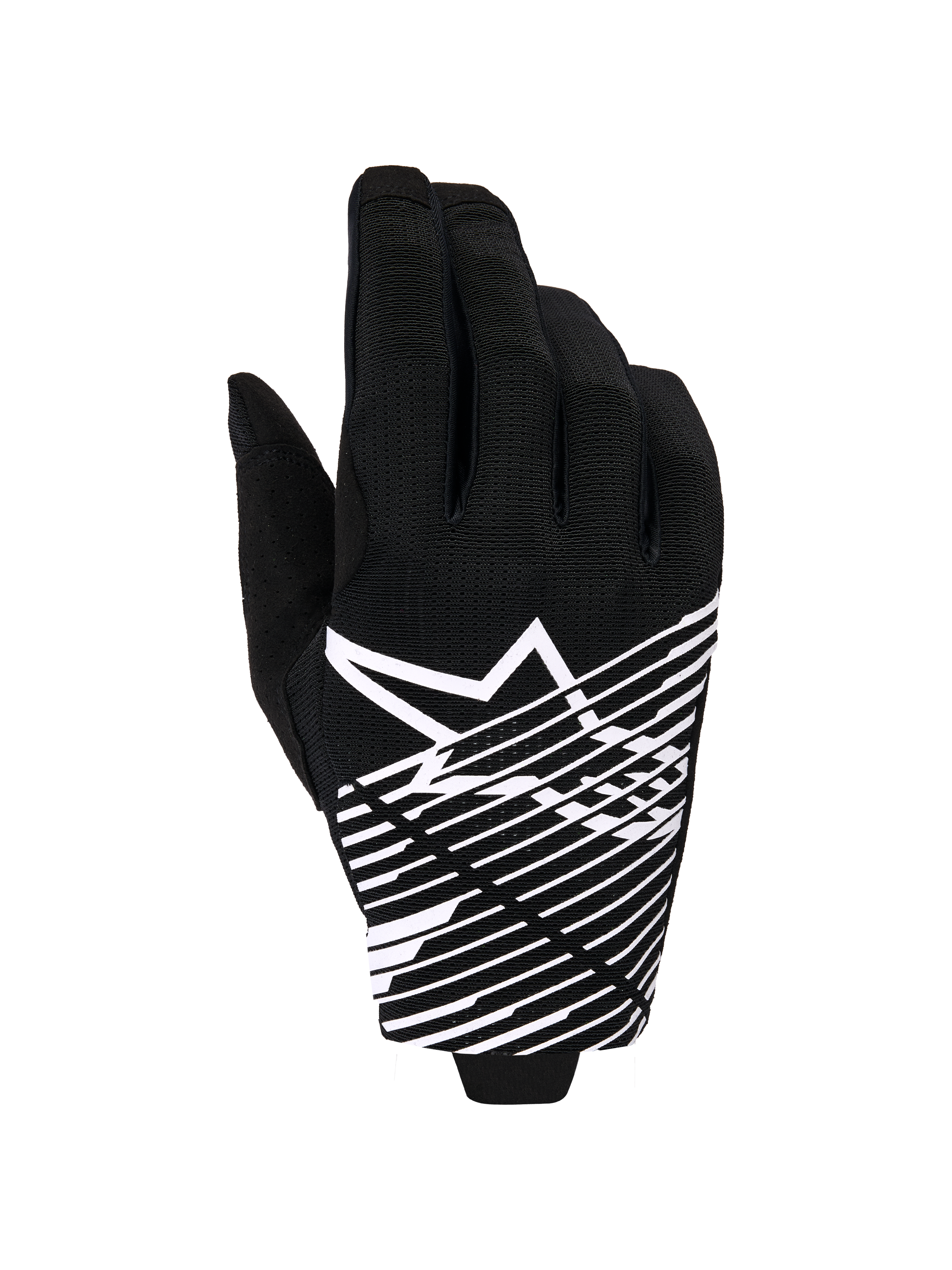 Alpinestars 2026 Radar Pro Gloves, Motocross Gloves, Black and White, featuring a white star logo and diagonal line graphic on the backhand, breathable mesh material with perforated details, performance off-road styling