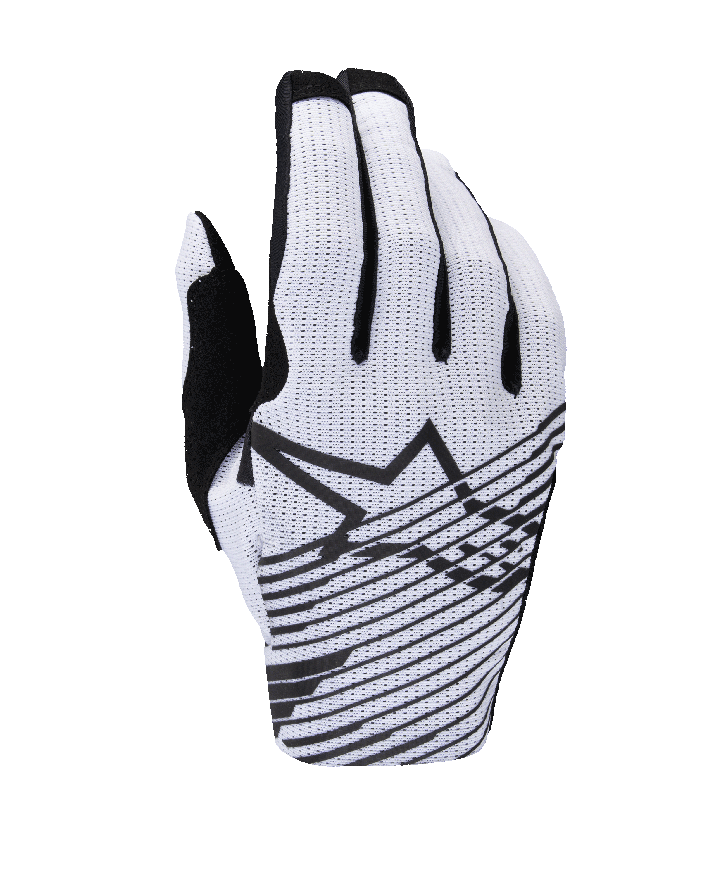 Alpinestars 2025 Radar Pro Gloves, Motocross Gloves, White and Black, backhand view featuring perforated mesh construction, black Alpinestars star logo with horizontal graphic lines, and black finger accents