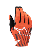 Luvas Alpinestars Radar Pro 2025, luvas de motocross, laranja e preto, com um grande logótipo de estrela branco e riscas diagonais pretas no dorso em malha perfurada, concebidas para um desempenho leve e fluxo de ar