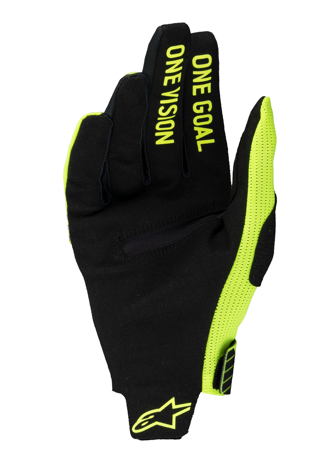 Luvas Alpinestars 2025 Radar Pro, luvas de motocross, amarelo néon e preto, vista da palma em camurça sintética com o texto 'ONE GOAL ONE VISION' nos dedos, painel lateral em malha amarelo néon e logótipo no pulso.
