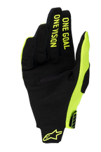 Luvas Alpinestars 2025 Radar Pro, luvas de motocross, amarelo néon e preto, vista da palma em camurça sintética com o texto 'ONE GOAL ONE VISION' nos dedos, painel lateral em malha amarelo néon e logótipo no pulso.