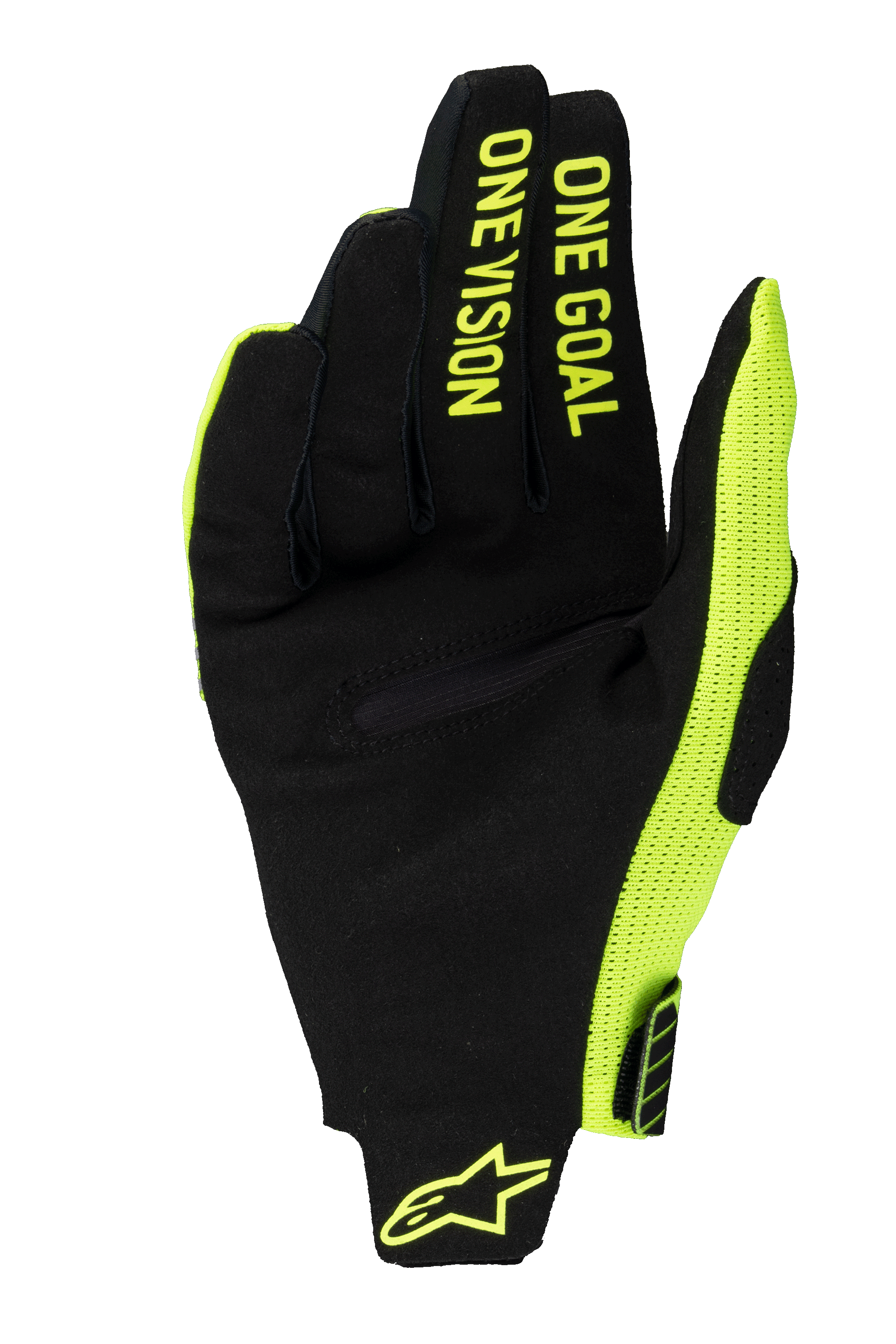Luvas Alpinestars 2025 Radar Pro, luvas de motocross, amarelo néon e preto, vista da palma em camurça sintética com o texto 'ONE GOAL ONE VISION' nos dedos, painel lateral em malha amarelo néon e logótipo no pulso.