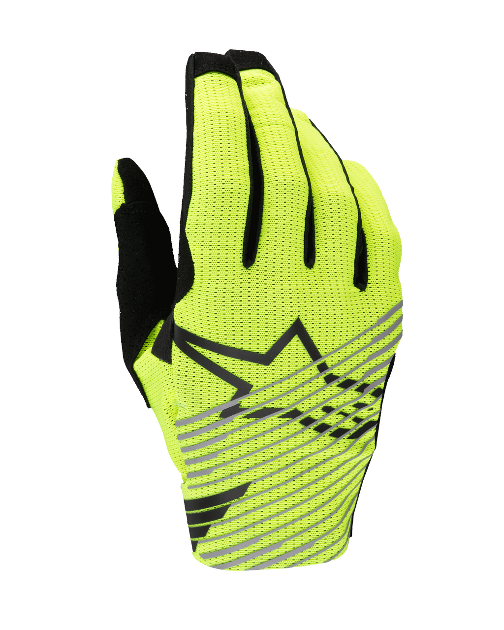 Alpinestars 2025 Radar Pro Gloves, luvas de motocross, amarelo fluo e preto, dorso em malha respirável de camada única, logótipo de estrela preto com riscas cinzentas diagonais, equipamento de alta performance para corridas todo-o-terreno