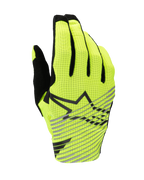 Alpinestars 2025 Radar Pro Gloves, luvas de motocross, amarelo fluo e preto, dorso em malha respirável de camada única, logótipo de estrela preto com riscas cinzentas diagonais, equipamento de alta performance para corridas todo-o-terreno