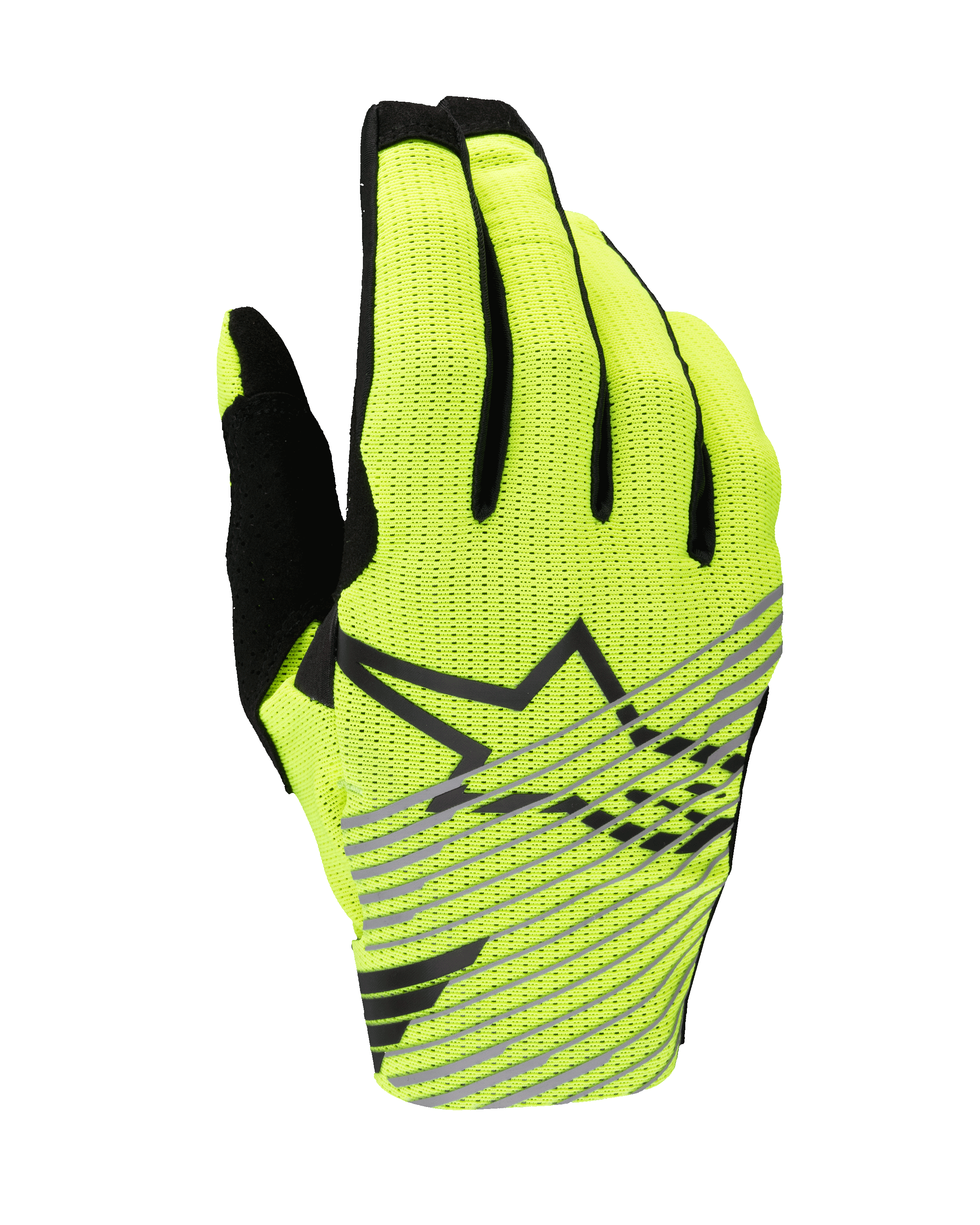 Alpinestars 2025 Radar Pro Gloves, luvas de motocross, amarelo fluo e preto, dorso em malha respirável de camada única, logótipo de estrela preto com riscas cinzentas diagonais, equipamento de alta performance para corridas todo-o-terreno
