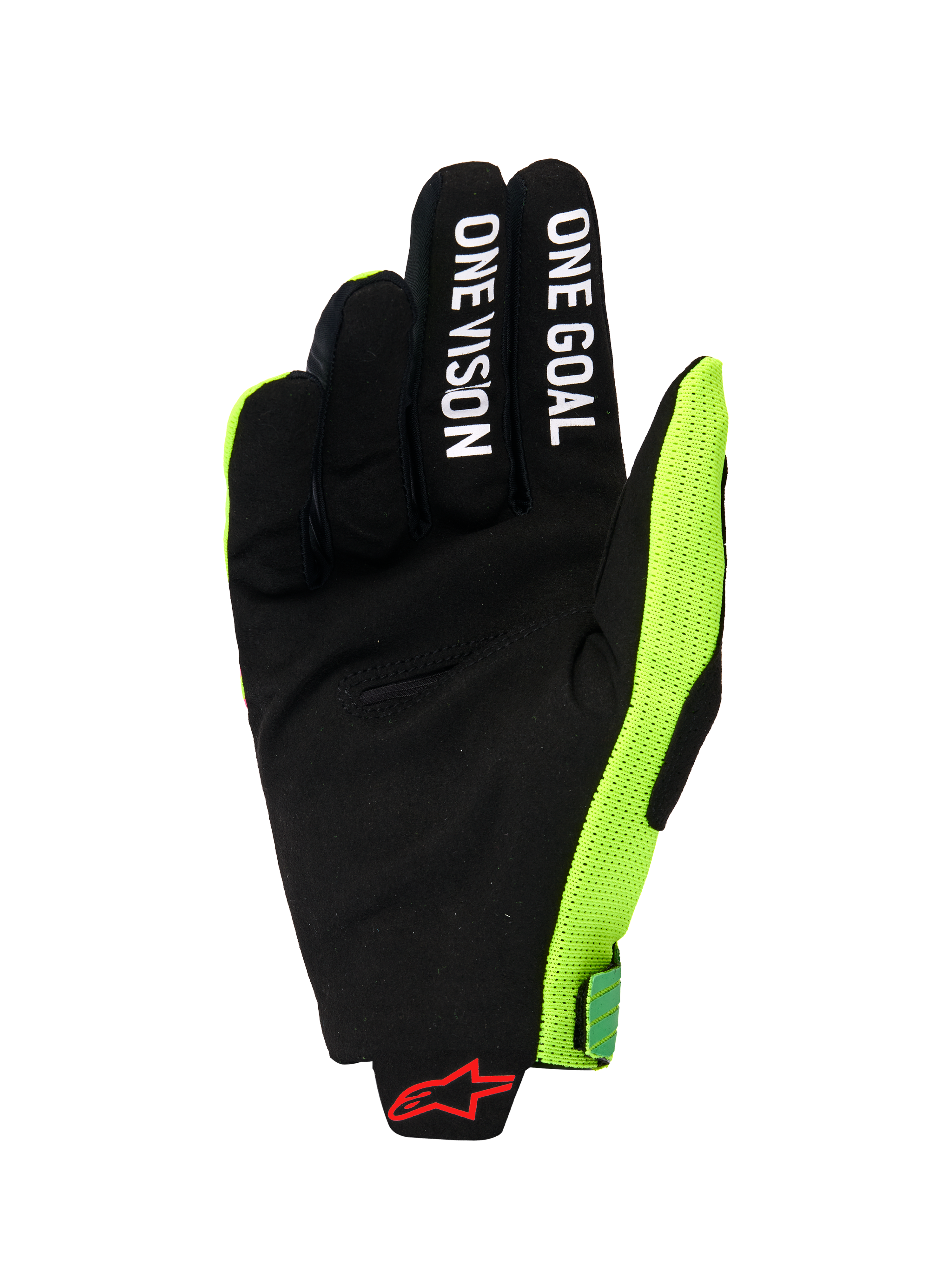 Alpinestars 2026 Radar Pro Gloves, vista da palma de uma luva de motocross, camurça sintética preta com texto branco 'ONE GOAL' e 'ONE VISION' nos dedos, painel lateral em malha amarelo fluo brilhante, logótipo Alpinestars vermelho no pulso, equipamento de performance minimalista para todo-o-terreno