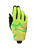 Alpinestars 2026 Radar Pro Gloves, luvas de motocross, verde amarelo fluorescente e rosa fluorescente, construção em malha de camada única com riscas diagonais cor-de-rosa e logótipo de estrela geométrica verde, equipamento leve de competição todo-o-terreno