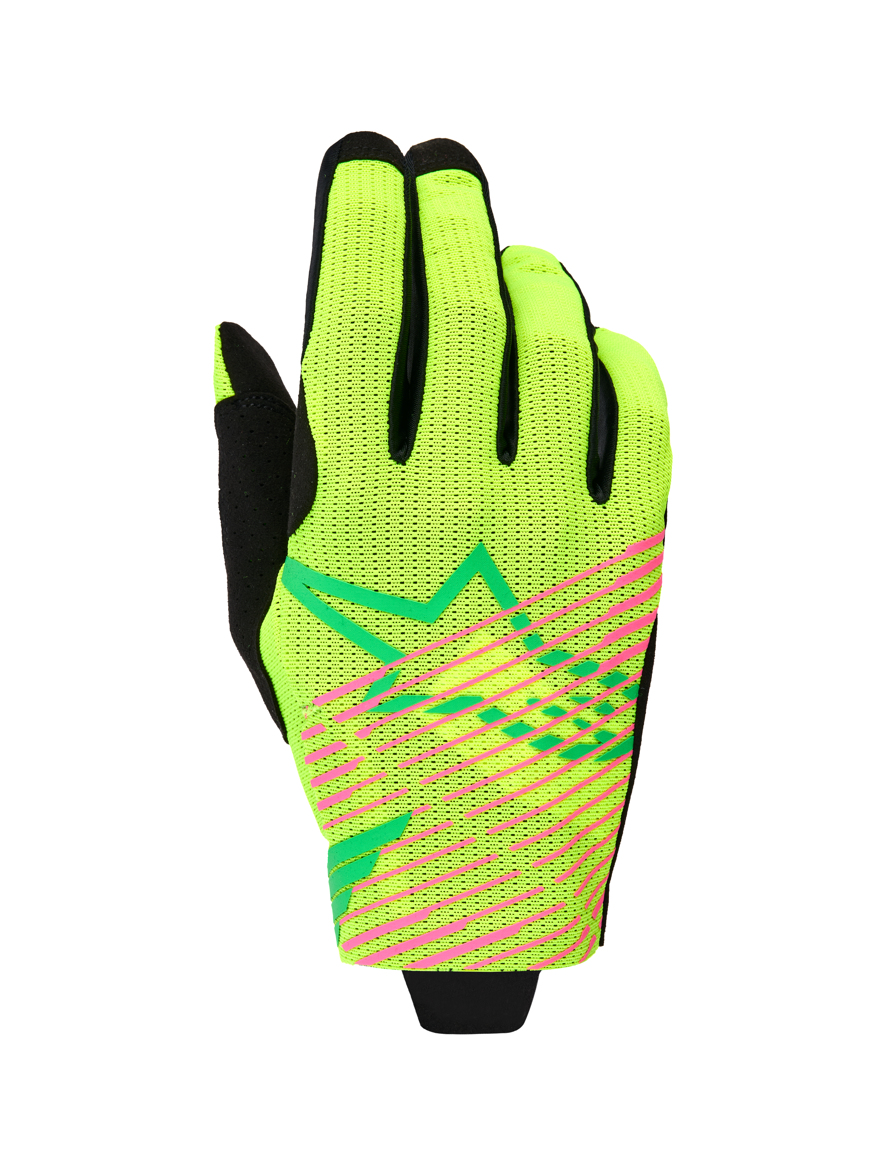 Alpinestars 2026 Radar Pro Gloves, luvas de motocross, verde amarelo fluorescente e rosa fluorescente, construção em malha de camada única com riscas diagonais cor-de-rosa e logótipo de estrela geométrica verde, equipamento leve de competição todo-o-terreno