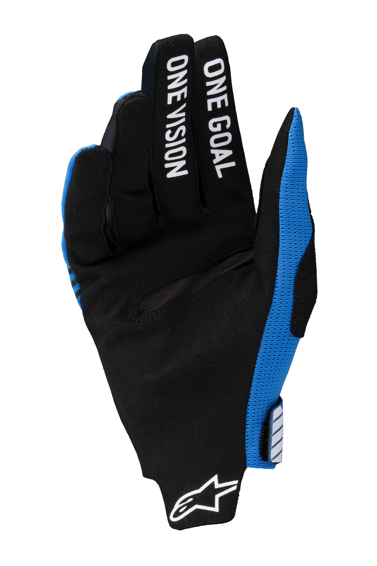 Alpinestars 2025 Radar Pro Gloves, luvas de motocross, azuis e pretas, vista da palma em camurça sintética preta, "ONE GOAL ONE VISION" impresso a branco nos dedos, logótipo Alpinestars branco no pulso, design leve para competição off-road
