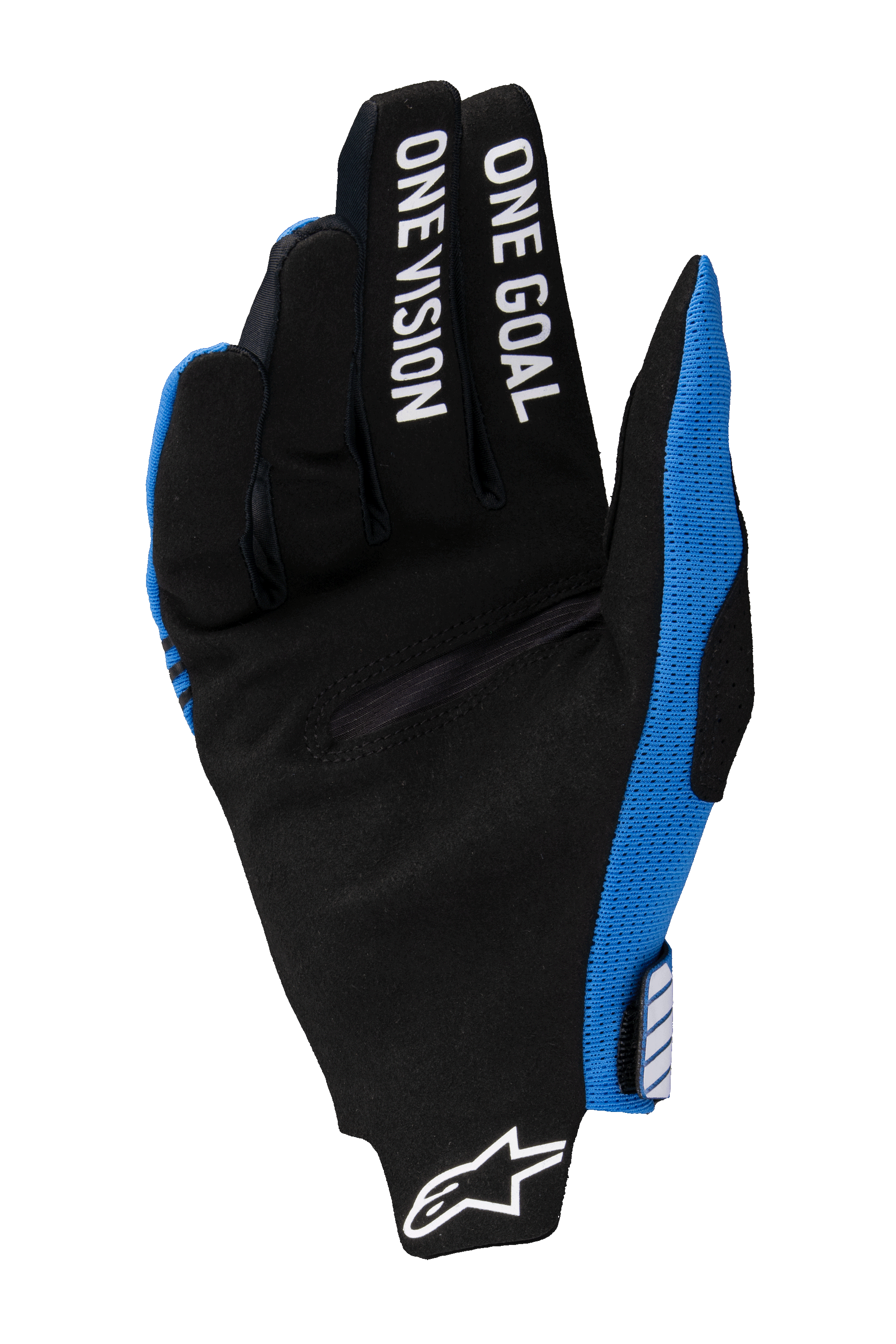 Alpinestars 2025 Radar Pro Gloves, luvas de motocross, azuis e pretas, vista da palma em camurça sintética preta, "ONE GOAL ONE VISION" impresso a branco nos dedos, logótipo Alpinestars branco no pulso, design leve para competição off-road