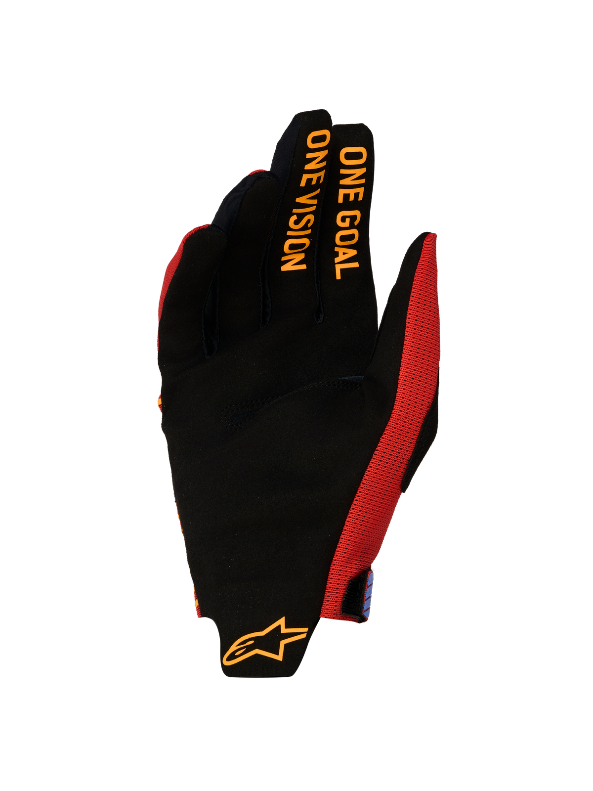 Alpinestars Radar Pro 2027, luvas de motocross para homem, pretas e vermelhas, com palma em camurça e grafismos nos dedos.