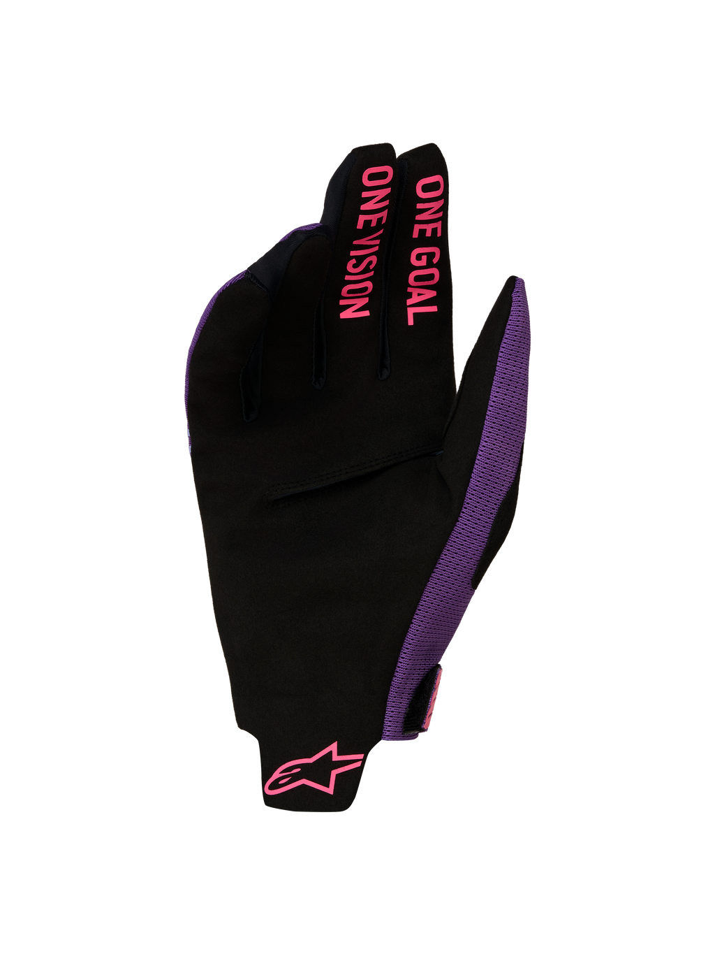 Luvas Alpinestars Radar Pro 2027, luvas de motocross pretas e roxas, com gráficos rosa ONE GOAL ONE VISION nos dedos.