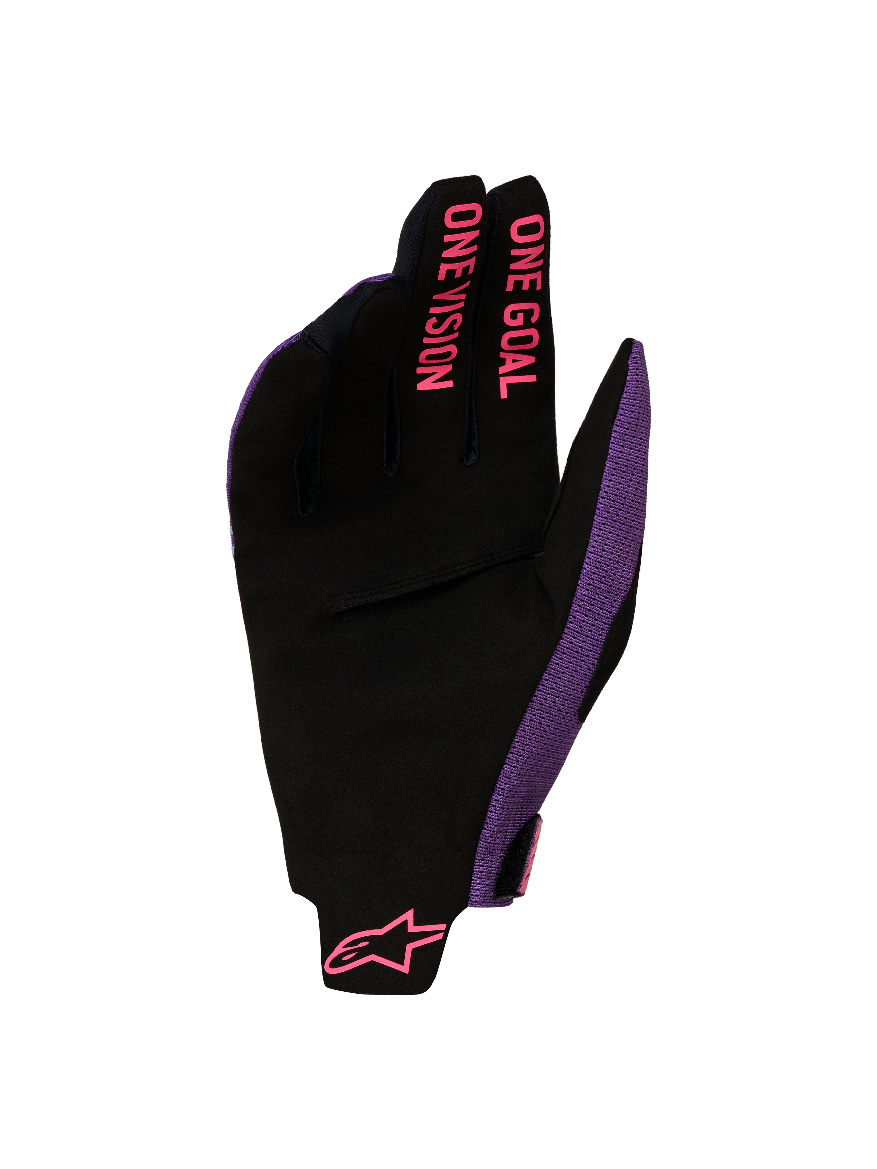 Luvas Alpinestars Radar Pro 2027, luvas de motocross pretas e roxas, com gráficos rosa ONE GOAL ONE VISION nos dedos.