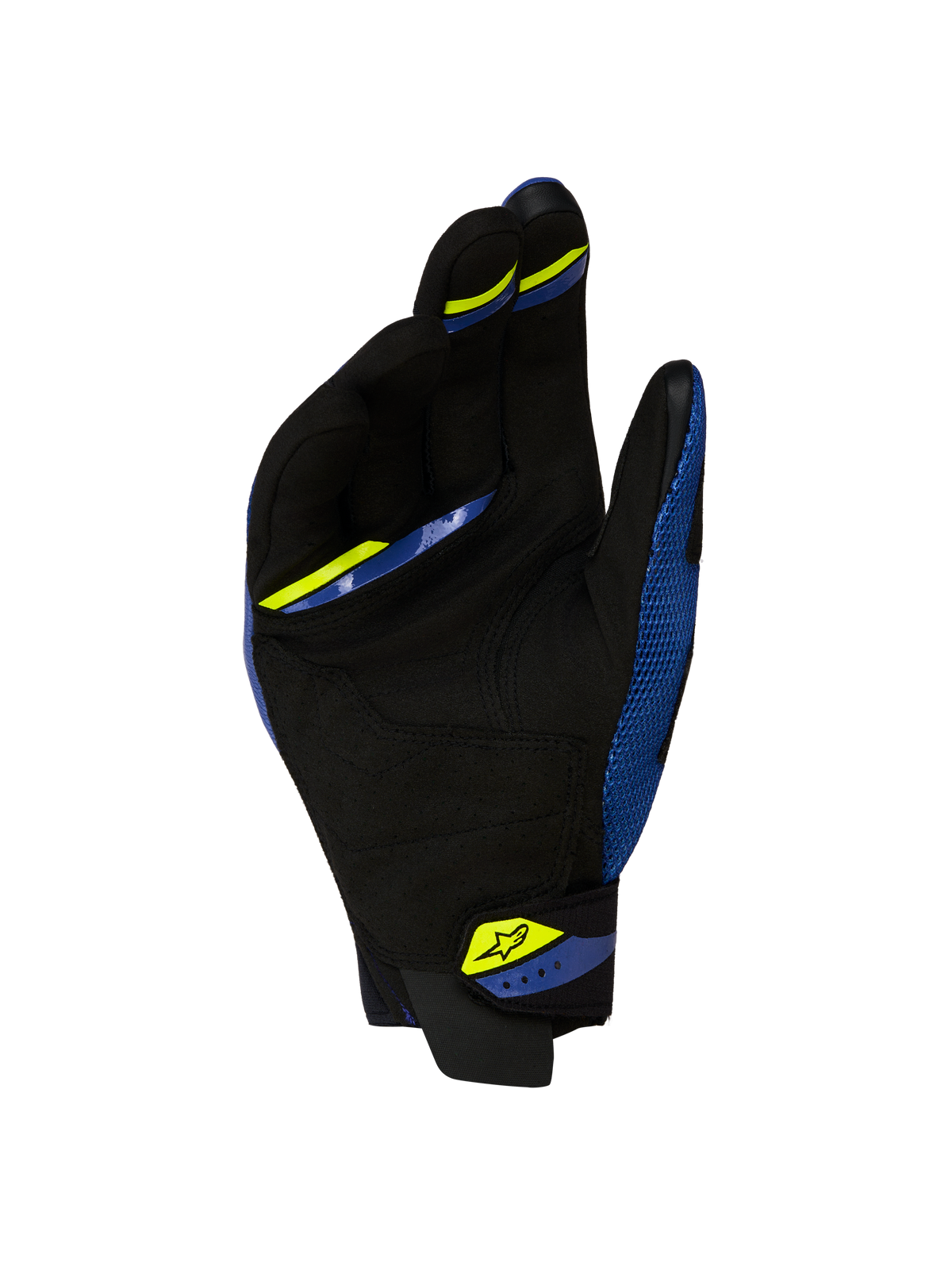Alpinestars Megawatt V2 Air, luvas de moto para motocross e enduro, azul-claro e pretas, vista traseira mostrando a malha 3D de alta tenacidade e a construção do punho em neoprene