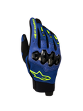 Alpinestars Megawatt V2 Air luvas de moto para homem, azul e preto, vista frontal mostrando a proteção dos nós dos dedos Dynamic Friction Shield, construção em malha 3D e logótipo em amarelo-neon