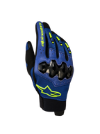 Alpinestars Megawatt V2 Air luvas de moto para homem, azul e preto, vista frontal mostrando a proteção dos nós dos dedos Dynamic Friction Shield, construção em malha 3D e logótipo em amarelo-neon