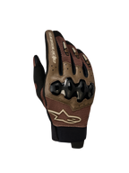Alpinestars Megawatt V 2 Air luvas de moto para homem, castanho-acinzentado e preto, vista frontal a mostrar pormenores do dorso da mão, proteção dos nós dos dedos e construção em malha