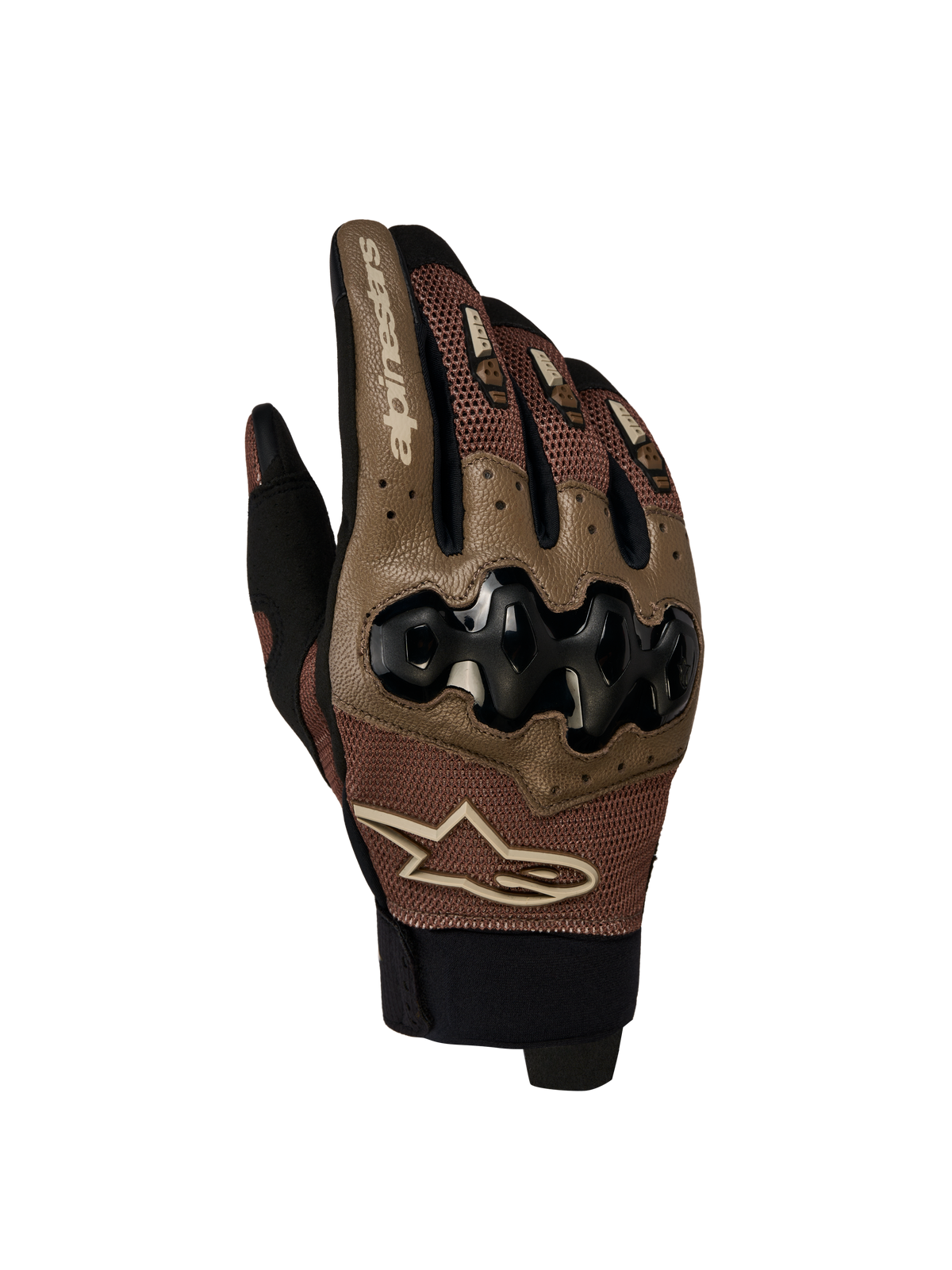 Alpinestars Megawatt V 2 Air luvas de moto para homem, castanho-acinzentado e preto, vista frontal a mostrar pormenores do dorso da mão, proteção dos nós dos dedos e construção em malha