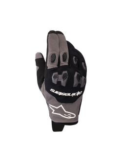 Alpinestars 2026 Pro-Dura Gloves, motorcycle gloves, Black and Gray, featuring two-piece TPR knuckle protection with a hexagonal pattern, white Alpinestars logo, mesh and multi-panel stretch construction, designed for enduro and off-road riding performance.