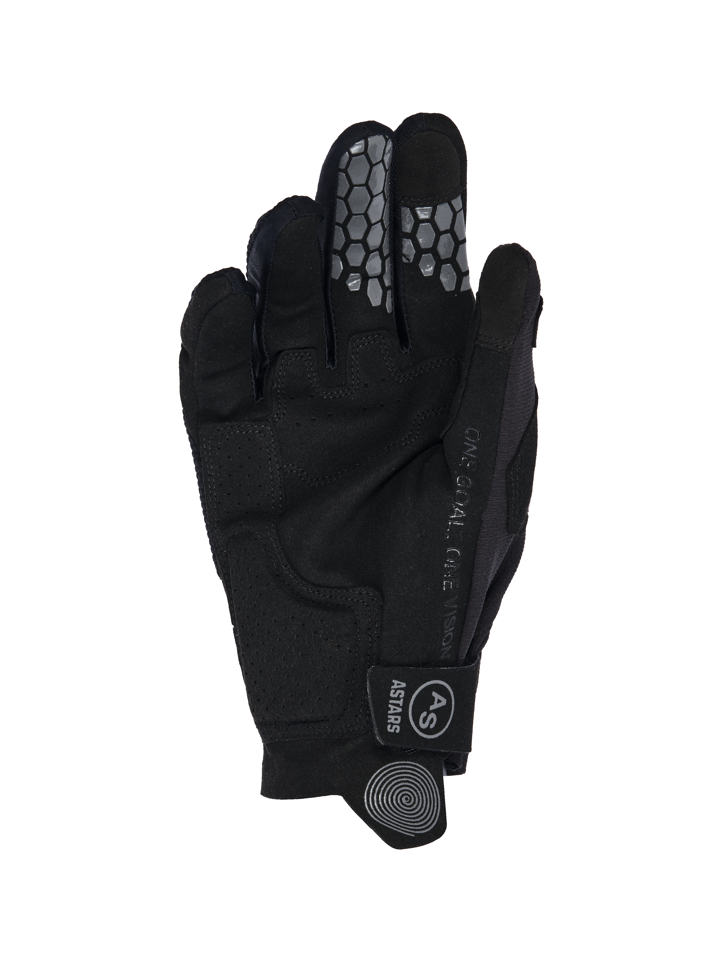 Luvas Alpinestars 2026 Pro-Dura, vista da palma, camurça sintética preta com reforços perfurados, aderência de silicone em padrão de favo de mel nos dedos indicador e médio, texto 'ONE GOAL. ONE VISION' e correia de pulso com logótipo Astars.