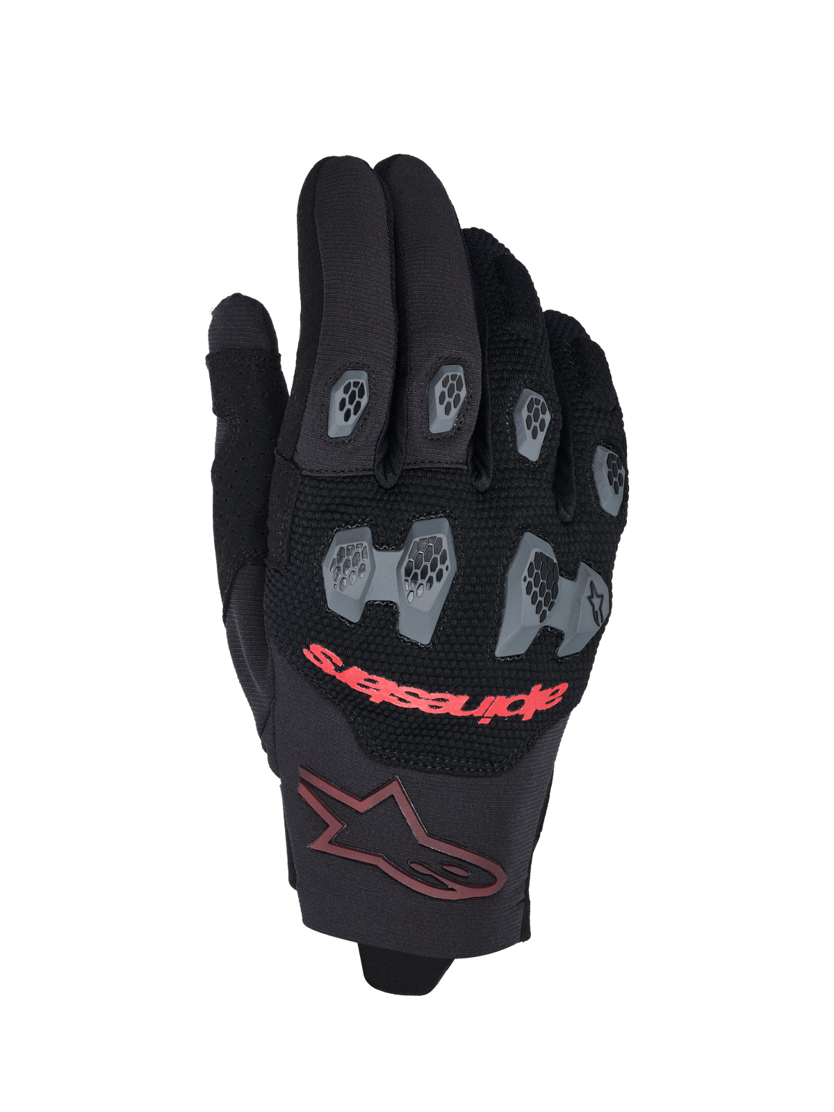 Alpinestars 2026 Pro-Dura Gloves, luvas de motocross e enduro, pretas e vermelho vivo, com proteções em TPR cinzentas nos nós dos dedos e nos dedos com padrão hexagonal, costas da mão em malha respirável, texto Alpinestars vermelho e logótipo de estrela bordeaux no punho