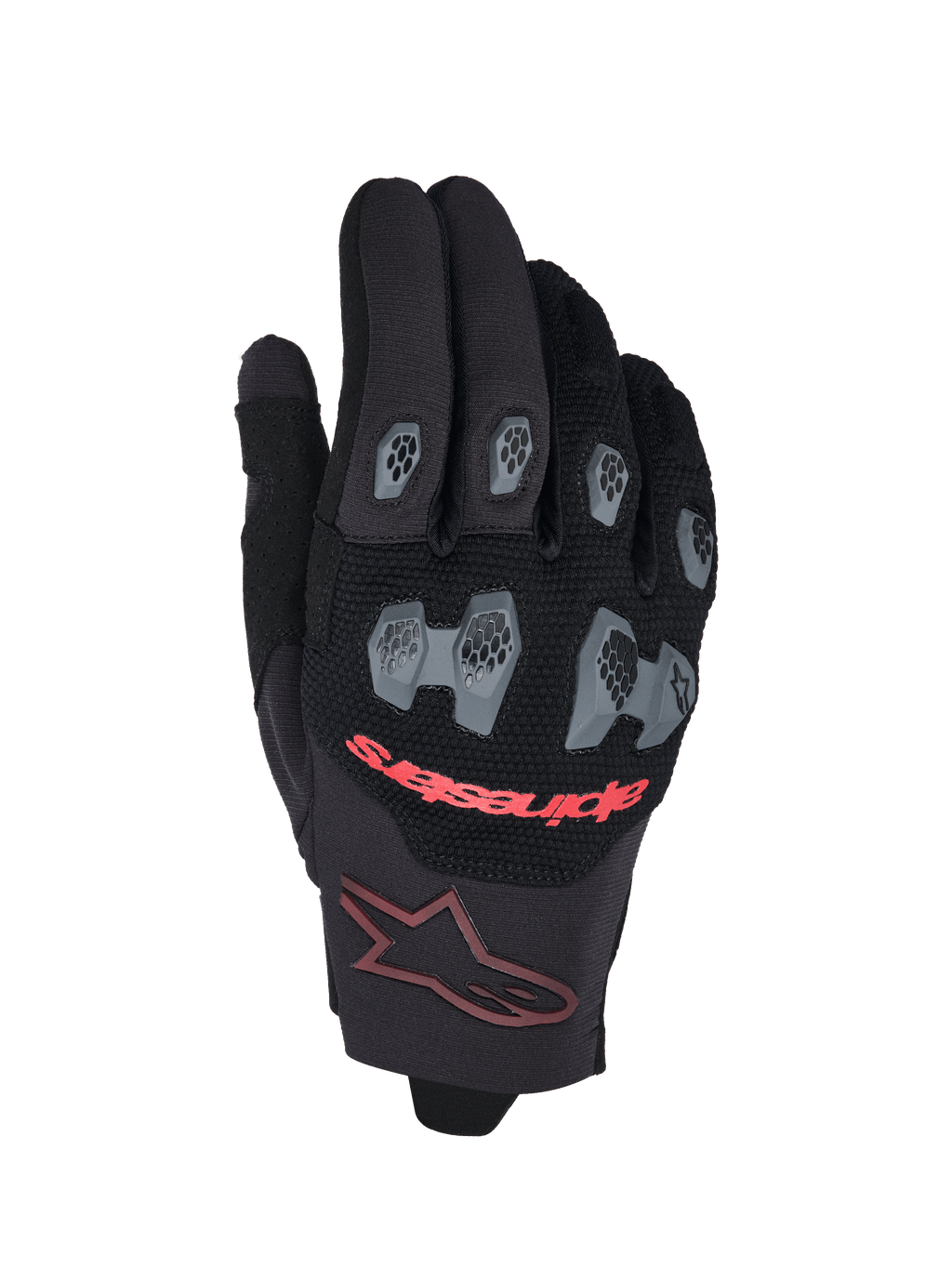 Alpinestars 2026 Pro-Dura Gloves, luvas de motocross e enduro, pretas e vermelho vivo, com proteções em TPR cinzentas nos nós dos dedos e nos dedos com padrão hexagonal, costas da mão em malha respirável, texto Alpinestars vermelho e logótipo de estrela bordeaux no punho