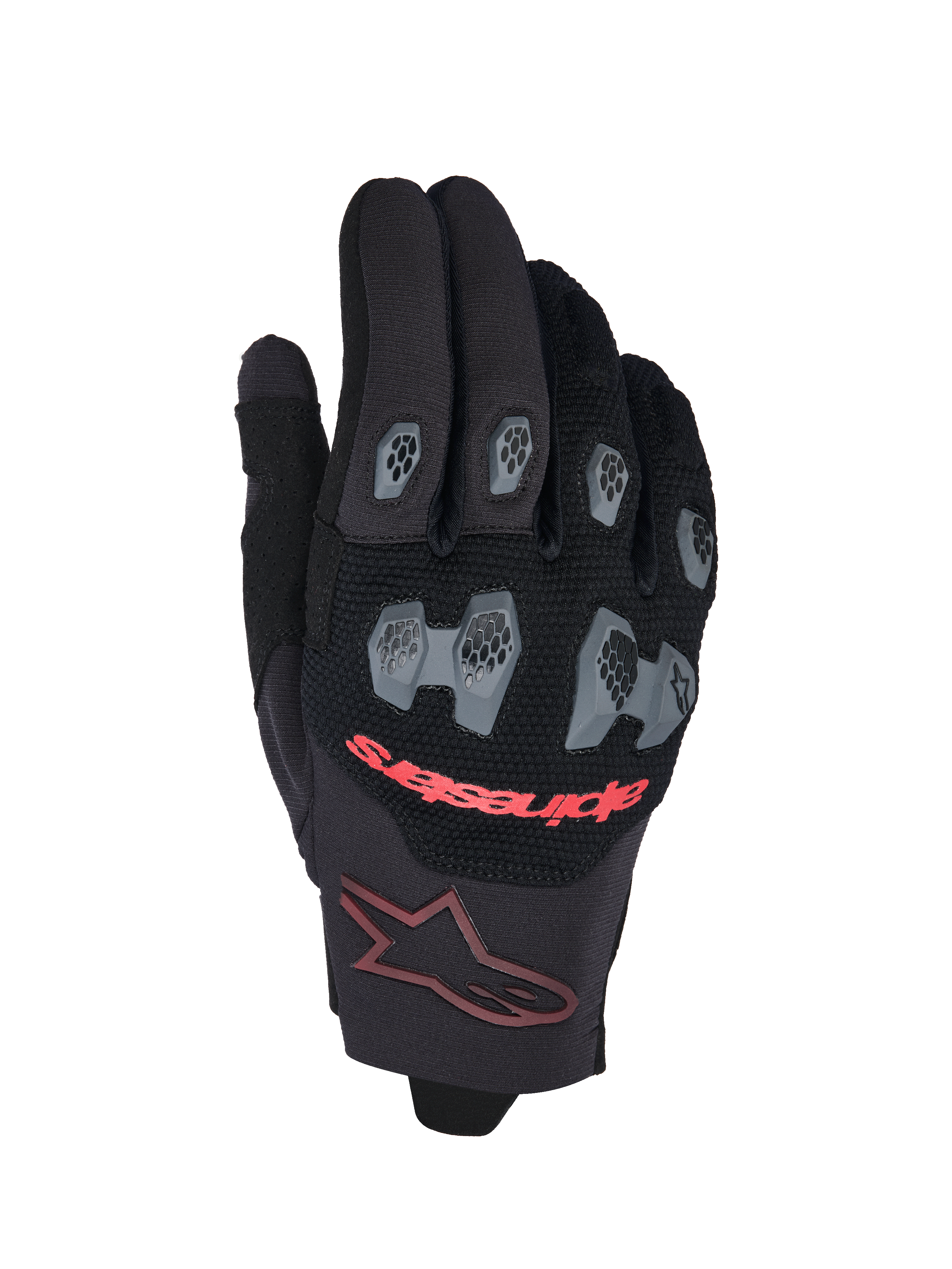 Alpinestars 2026 Pro-Dura Gloves, luvas de motocross e enduro, pretas e vermelho vivo, com proteções em TPR cinzentas nos nós dos dedos e nos dedos com padrão hexagonal, costas da mão em malha respirável, texto Alpinestars vermelho e logótipo de estrela bordeaux no punho
