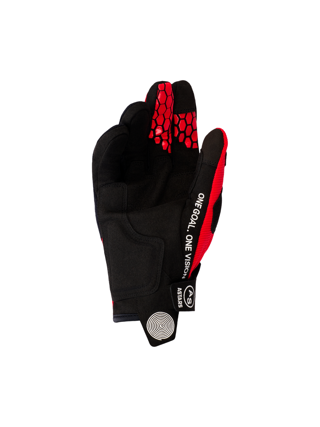 Luvas Alpinestars 2026 Pro-Dura, luvas de motocross e enduro, vermelho vivo e preto, vista da palma apresentando camurça sintética preta, texto branco 'ONE GOAL. ONE VISION' na lateral e padrões de colmeia vermelhos nas pontas dos dedos