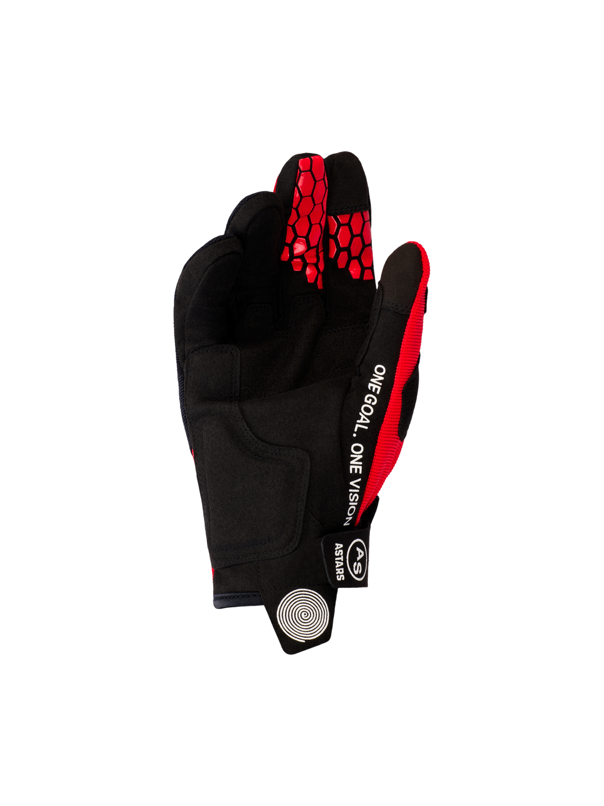 Luvas Alpinestars 2026 Pro-Dura, luvas de motocross e enduro, vermelho vivo e preto, vista da palma apresentando camurça sintética preta, texto branco 'ONE GOAL. ONE VISION' na lateral e padrões de colmeia vermelhos nas pontas dos dedos