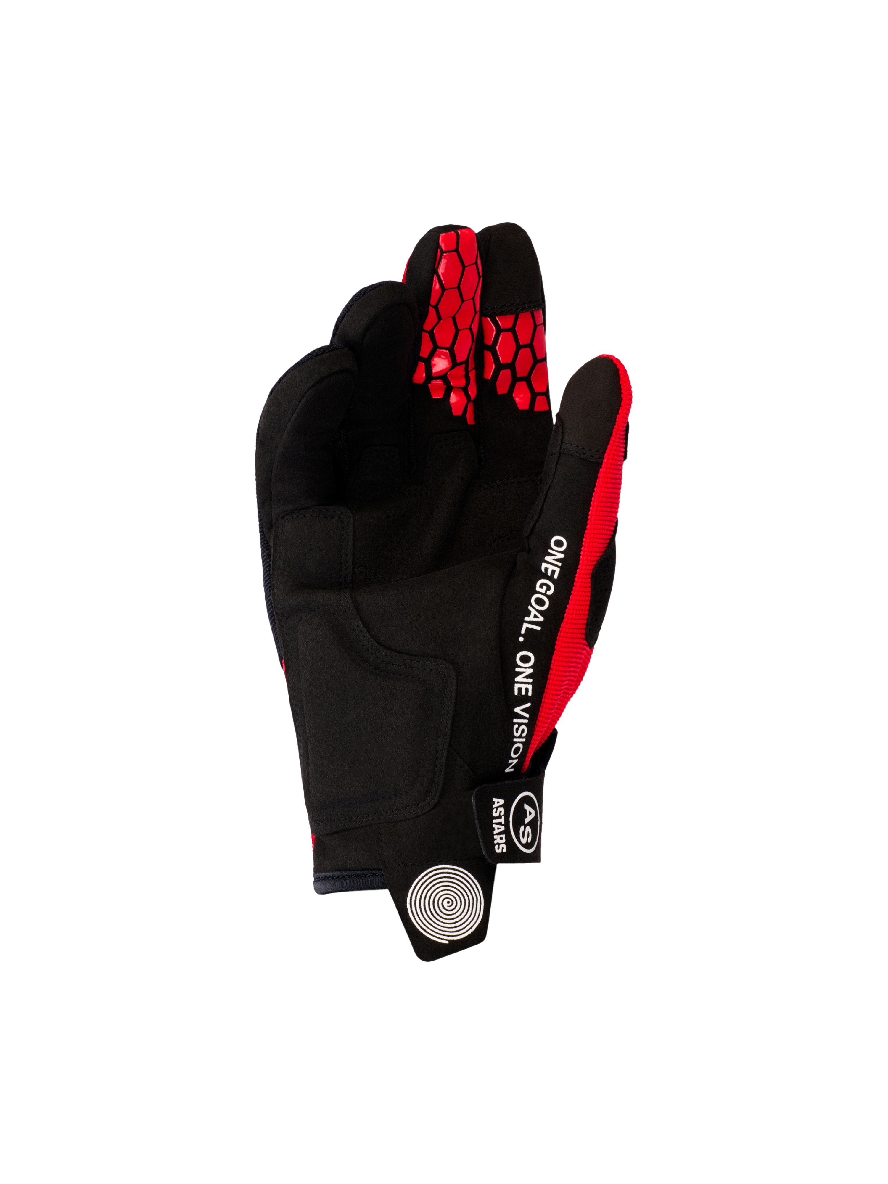 Luvas Alpinestars 2026 Pro-Dura, luvas de motocross e enduro, vermelho vivo e preto, vista da palma apresentando camurça sintética preta, texto branco 'ONE GOAL. ONE VISION' na lateral e padrões de colmeia vermelhos nas pontas dos dedos