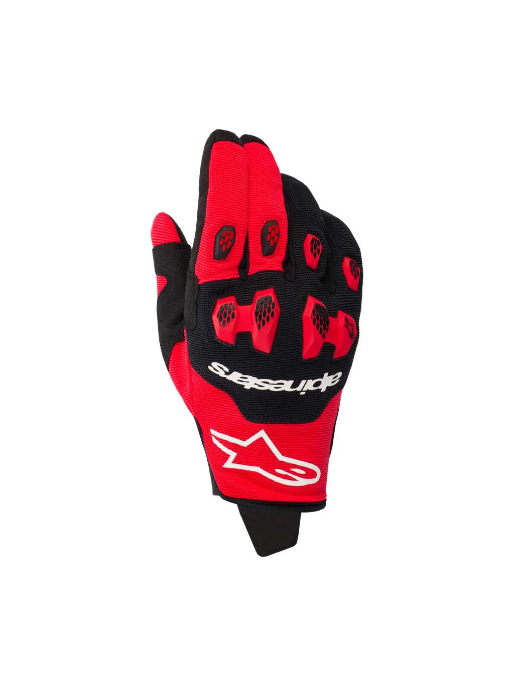 Luvas Alpinestars 2026 Pro-Dura, luvas de motocross, vermelho vivo e preto, com proteção de nós dos dedos em TPR vermelho e inserções pretas em favo de mel, logótipos da marca brancos, construção elástica multipainel para corridas todo-o-terreno