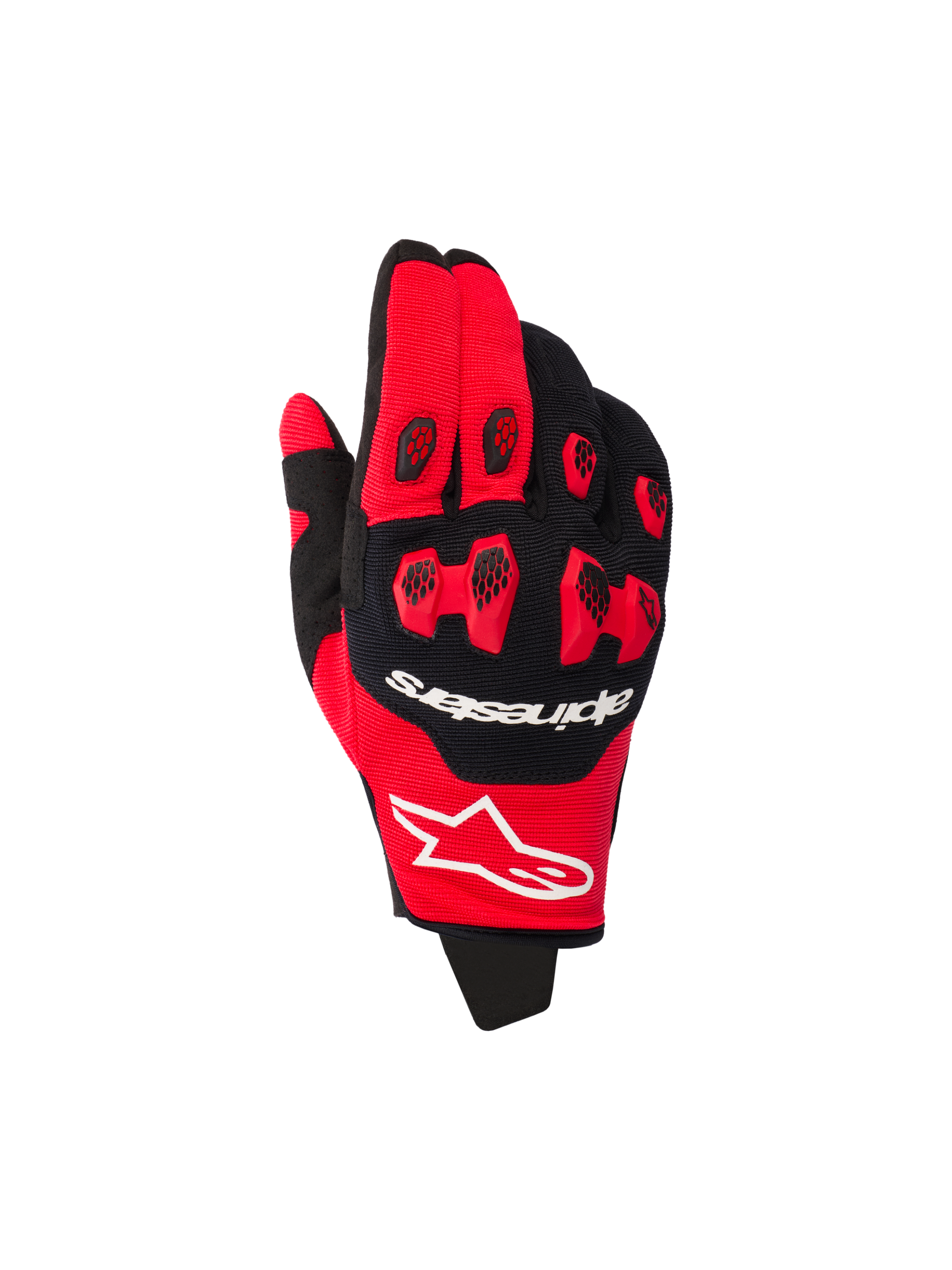 Luvas Alpinestars 2026 Pro-Dura, luvas de motocross, vermelho vivo e preto, com proteção de nós dos dedos em TPR vermelho e inserções pretas em favo de mel, logótipos da marca brancos, construção elástica multipainel para corridas todo-o-terreno