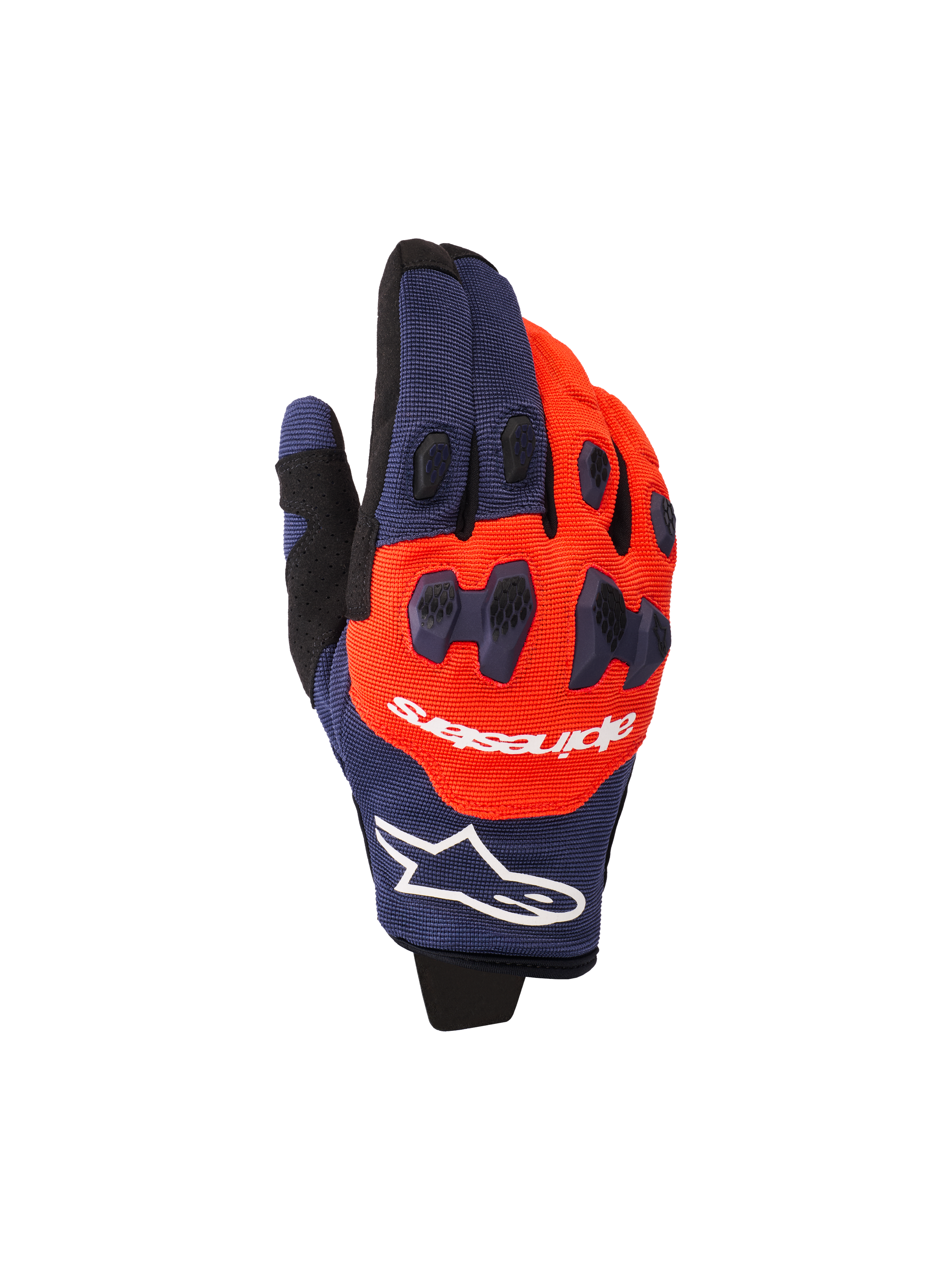 Alpinestars 2026 Pro-Dura Gloves, Motocross and Enduro Gloves, Navy Blue and Hot Orange with White accents, featuring two-piece TPR knuckle protection, Alpinestars branding on the backhand, and flexible multi-panel construction