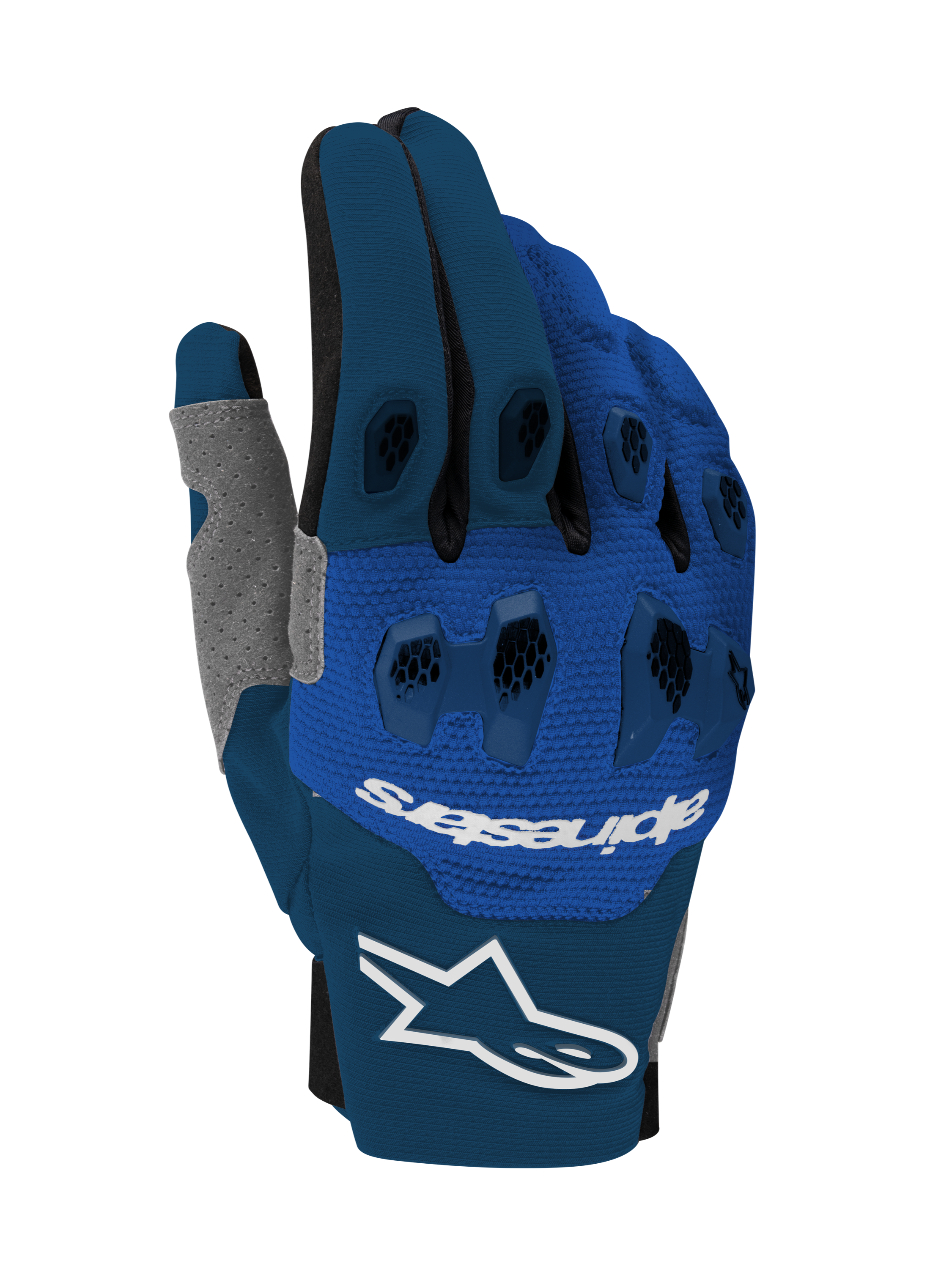 Luvas Alpinestars Pro-Dura 2026, luvas de motocross e enduro, azul-marinho, azul brilhante e branco, com proteção de duas peças em TPR nos nós dos dedos, construção elástica multi-painel, logótipo Alpinestars branco no punho e marca no dorso da mão, design técnico para todo-o-terreno