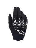 Luvas Alpinestars Full Bore V2, luvas de motocross, pretas e brancas, vista do dorso mostrando a proteção ergonómica TPR dos nós dos dedos com formas hexagonais, logótipo Alpinestars branco, construção em têxtil elástico respirável, equipamento de corrida todo-o-terreno durável
