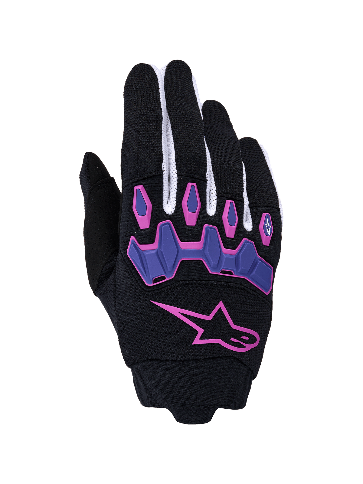 Luvas Alpinestars Full Bore V2, luvas de motocross, pretas e roxas com detalhes rosa, com um logótipo de estrela rosa grande e protetores de articulações roxos articulados, painéis de malha branca nos dedos, equipamento de performance para todo-o-terreno
