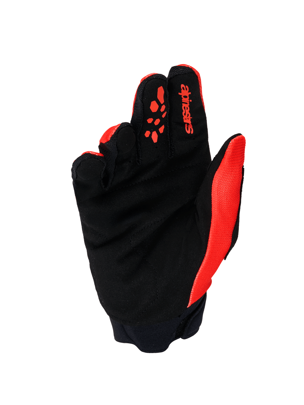 Alpinestars Full Bore V2 Gloves, Motocross Gloves, Orange and Black, palm side view showing reinforced synthetic suede palm, orange silicone finger grips, red Alpinestars logo on the index finger, and neoprene cuff.