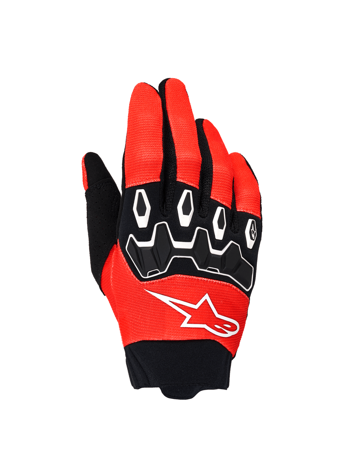 Luvas Alpinestars Full Bore V2, luvas de motocross, cor de laranja e pretas, vista das costas da mão mostrando proteção de articulações em TPR preto com contornos brancos, logótipo Alpinestars branco em tecido elástico respirável, projetadas para desempenho em todo-o-terreno.