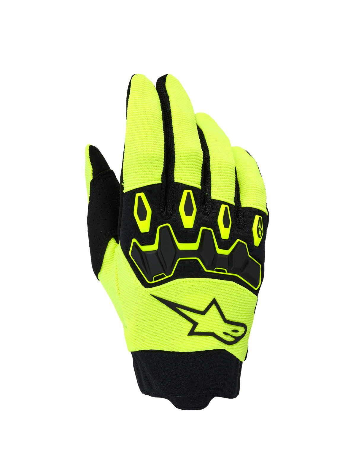 Luvas Alpinestars Full Bore V2, luvas de motocross e todo-o-terreno, amarelo néon e preto, com proteção ergonómica TPR nas articulações, logótipo de estrela da Alpinestars no dorso, tecido elástico respirável e punho em neoprene