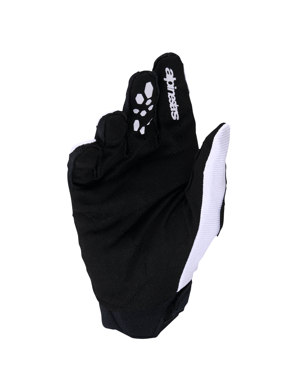 Luvas Alpinestars Full Bore V2, luvas de motocross, cinzento claro e preto, vista da palma com camurça sintética reforçada e aderência de silicone nos dedos, malha respirável branca no lado do polegar e logótipo Alpinestars no dedo indicador